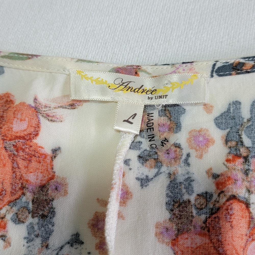 Andree by Unit Floral Cap Sleeve Blouse Women's L Ivory Red Boho Chic Retro Top - Picture 10 of 10
